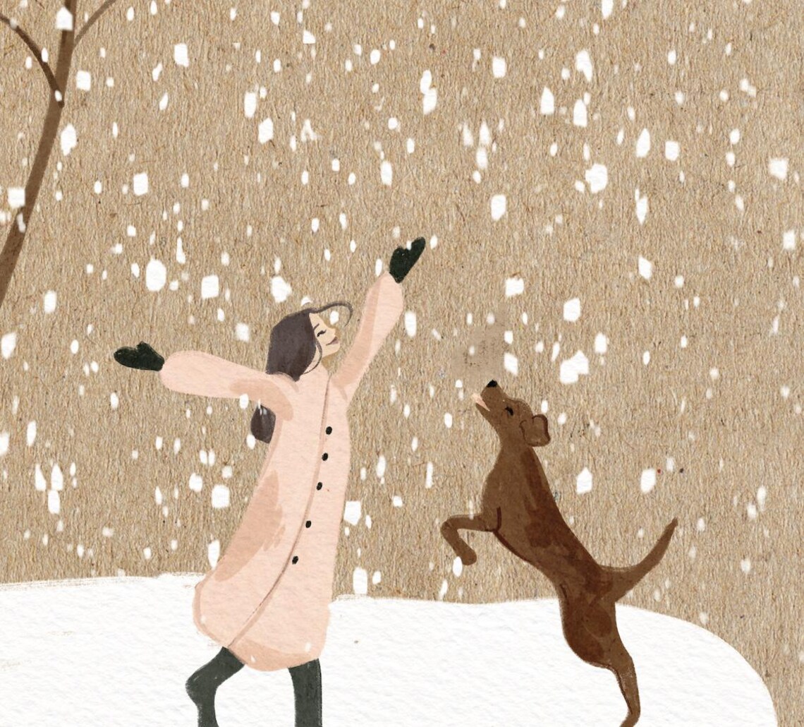Winter Joy Art Print, Girl and Labrador Dog - Image 2