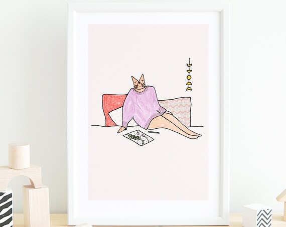 Cat Lounging in Purple Sweater Cozy Whimsical Cat Art Poster