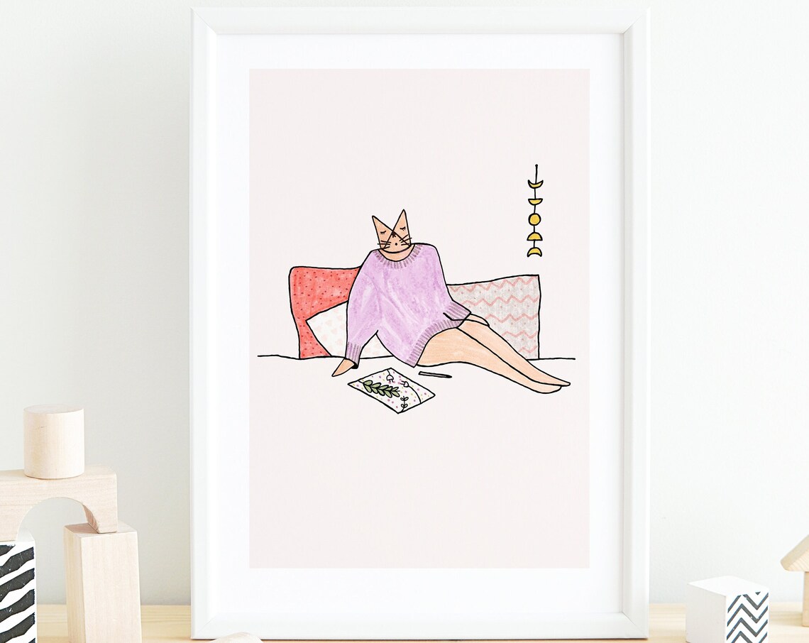 Cat Lounging in Purple Sweater Cozy Whimsical Cat Art Poster