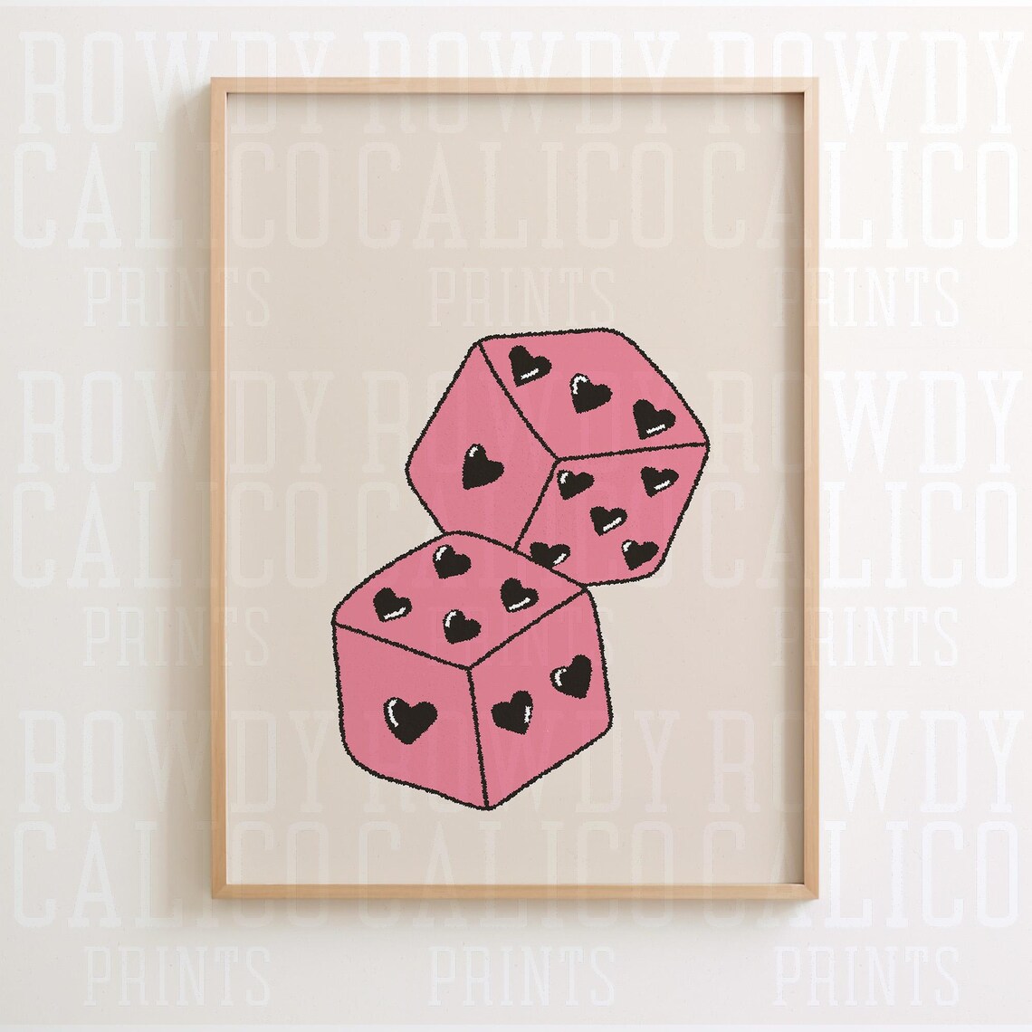 Pink Heart Dice Pair Hand Drawn Casino Style Western Lucky Poster