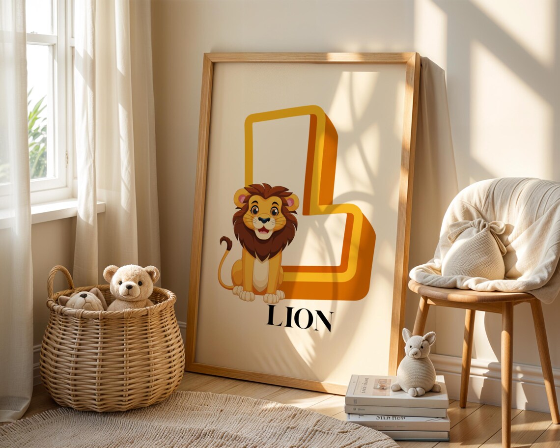 Cheerful Letter L Friendly Lion Alphabet Nursery Poster For Kids Room Decor