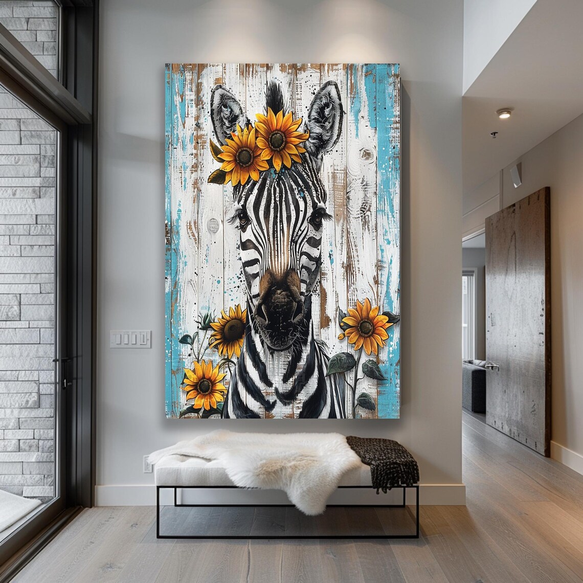 Zebra Wearing a Sunflower Crown on Rustic Wood Planks Poster - Image 5