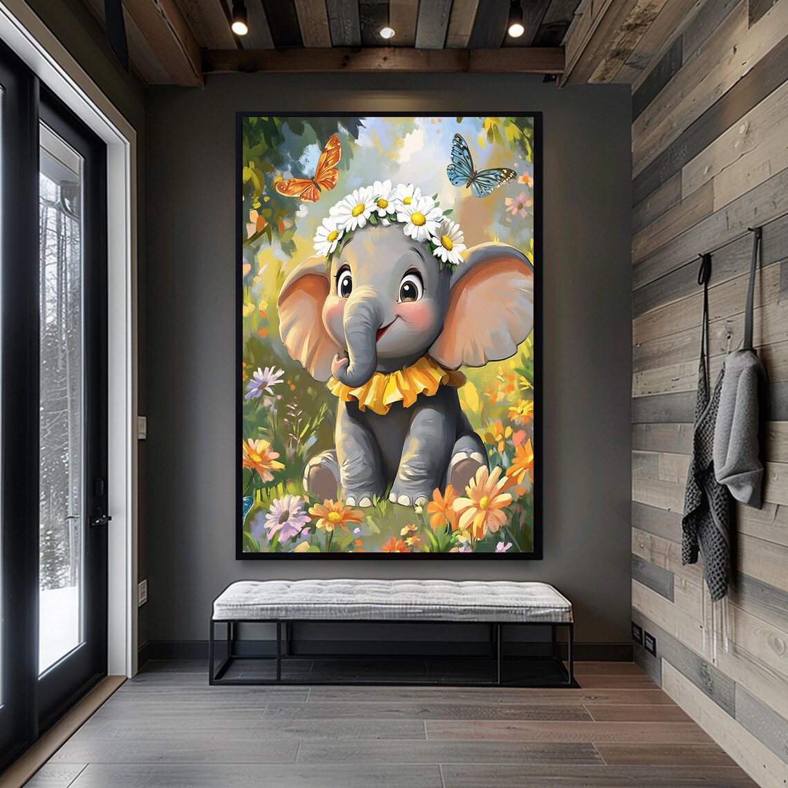 Baby Elephant Daisy Flower Crown Butterfly Garden Nursery Poster - Image 6