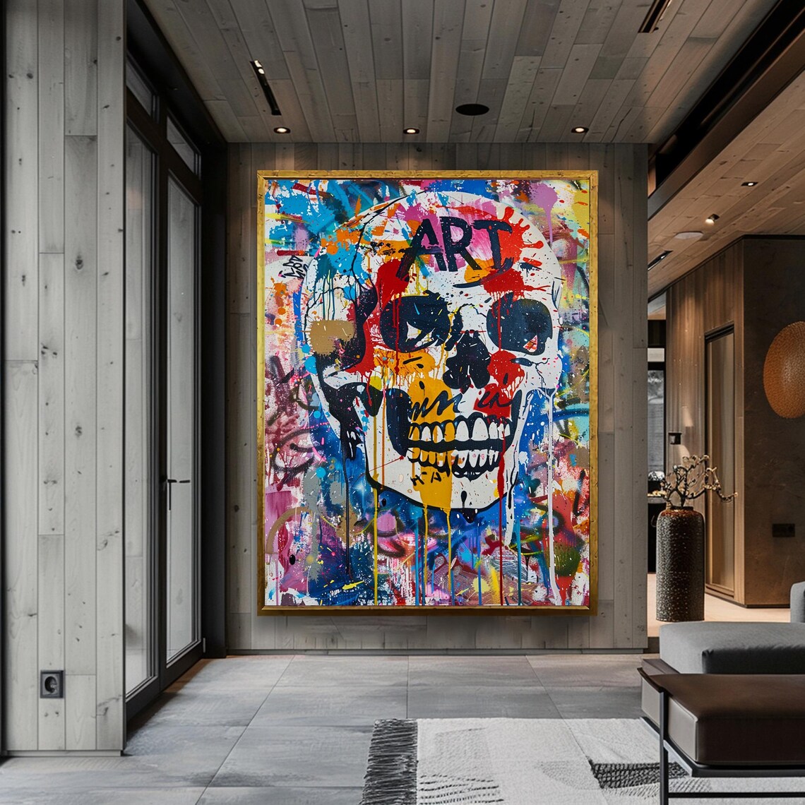 Graffiti Skull Street Art Covered in Colorful Paint Splashes Poster