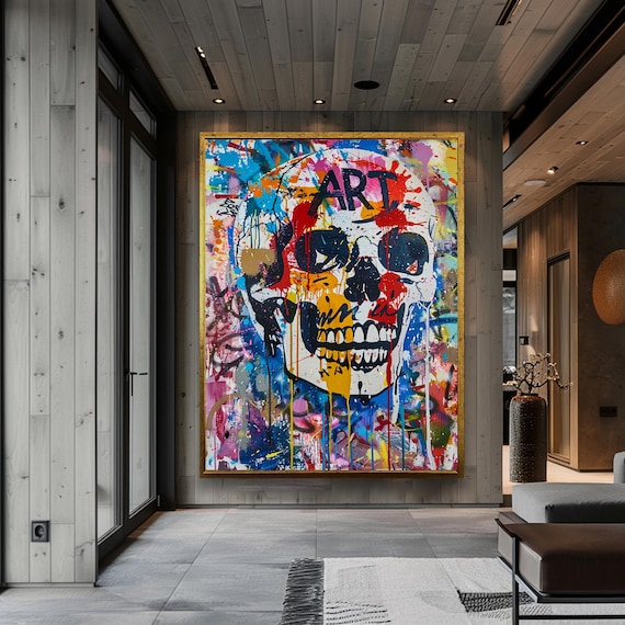 Graffiti Skull Street Art Covered in Colorful Paint Splashes Poster