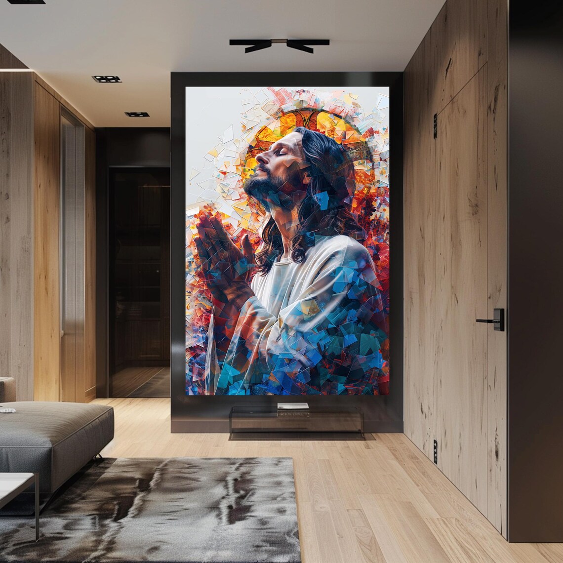 Jesus Praying Under a Golden Halo in Shattered Mosaic Style Poster - Image 4