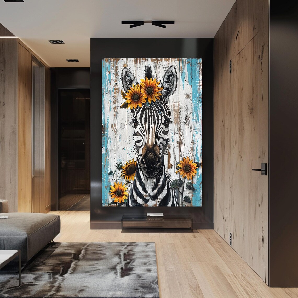 Zebra Wearing a Sunflower Crown on Rustic Wood Planks Poster - Image 2