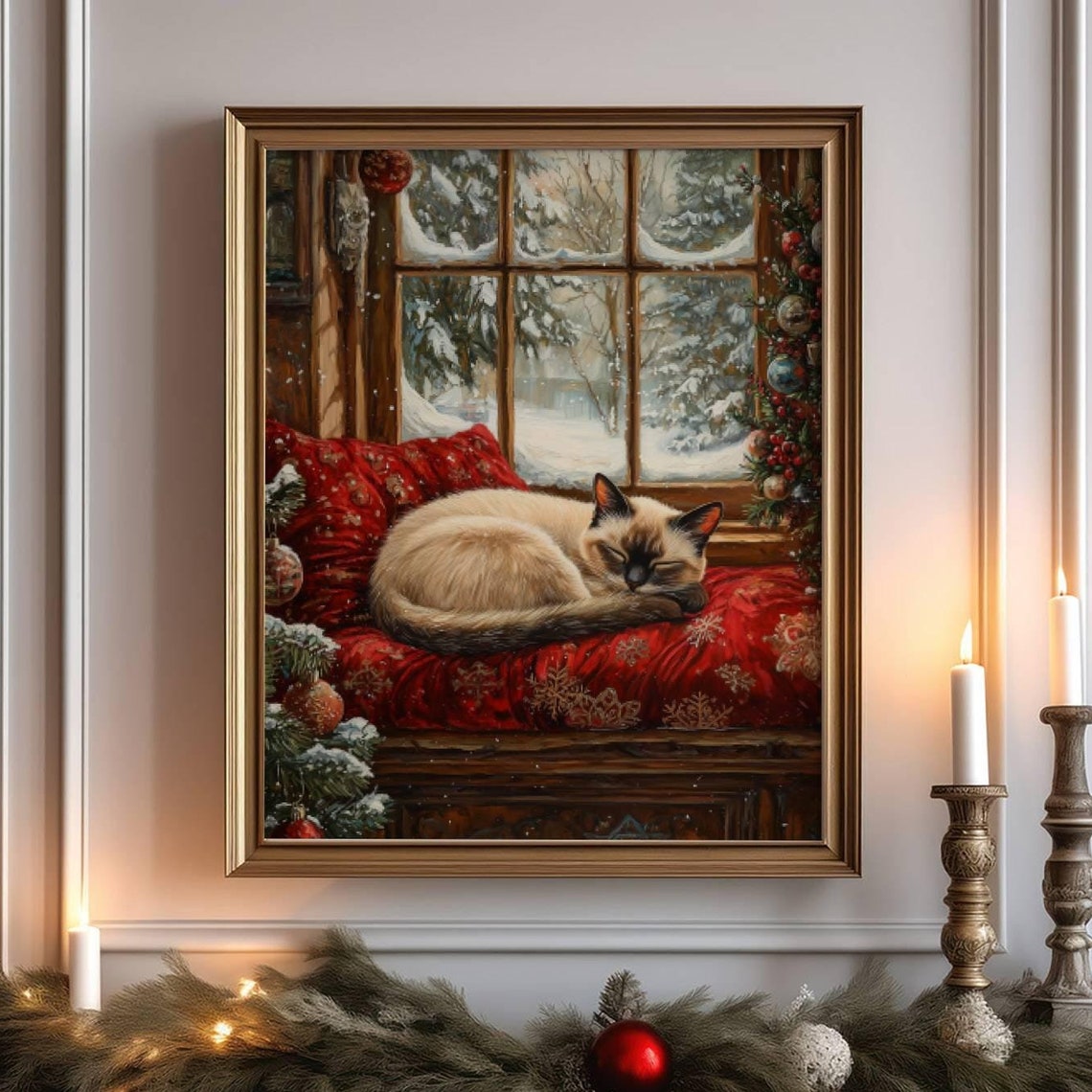 Siamese Cat Sleeping by a Snowy Christmas Window Cozy Holiday Poster