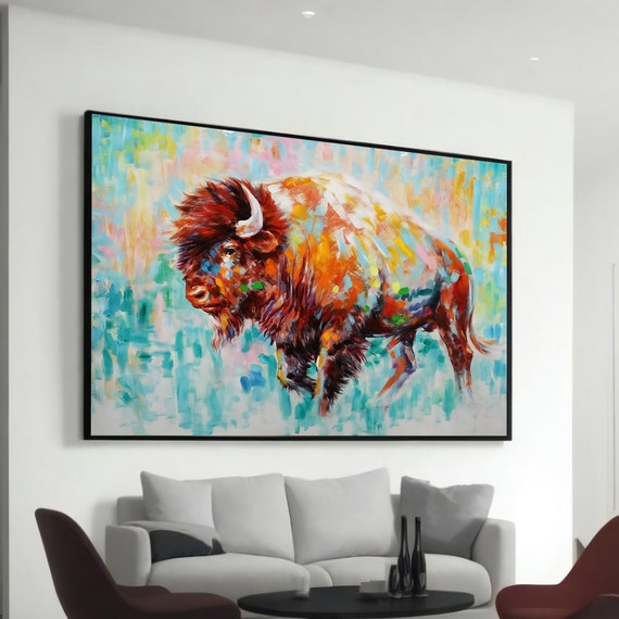 Colorful Bison Canvas Painting Vibrant Animal Wall Art For Living Room Or Office Decor Unique Gift Wildlife Enthusiasts