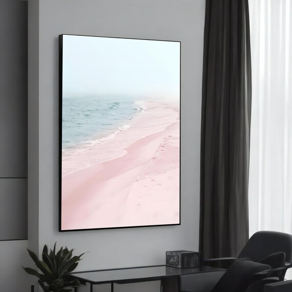 Serenity On Pink Sands Tranquil Beach Scene Minimalist Coastal Canvas Painting Perfect Natureinspired Wall Art Gift