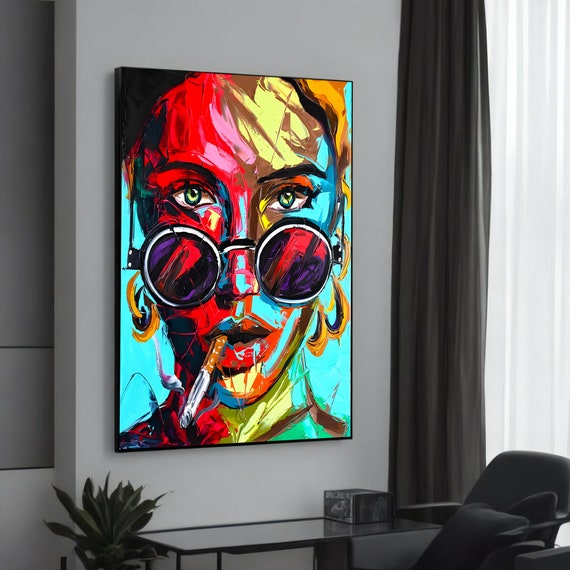 Vibrant Banksyinspired Graffiti Canvas Art Bold Woman With Sunglasses And Cigarette Readytohang Wall Dcor