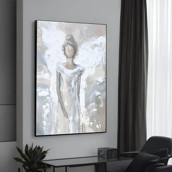Abstract Angel In White Canvas Painting Modern Serene Art For Tranquil Home Decor