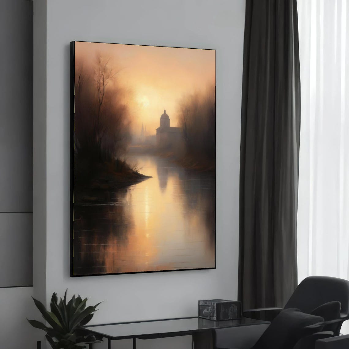 Misty River Sunset Church Reflection Golden Landscape Art Poster
