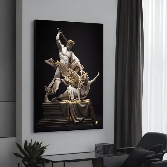 Classical Marble Angel Warrior Statue Sculpture Black Art Poster