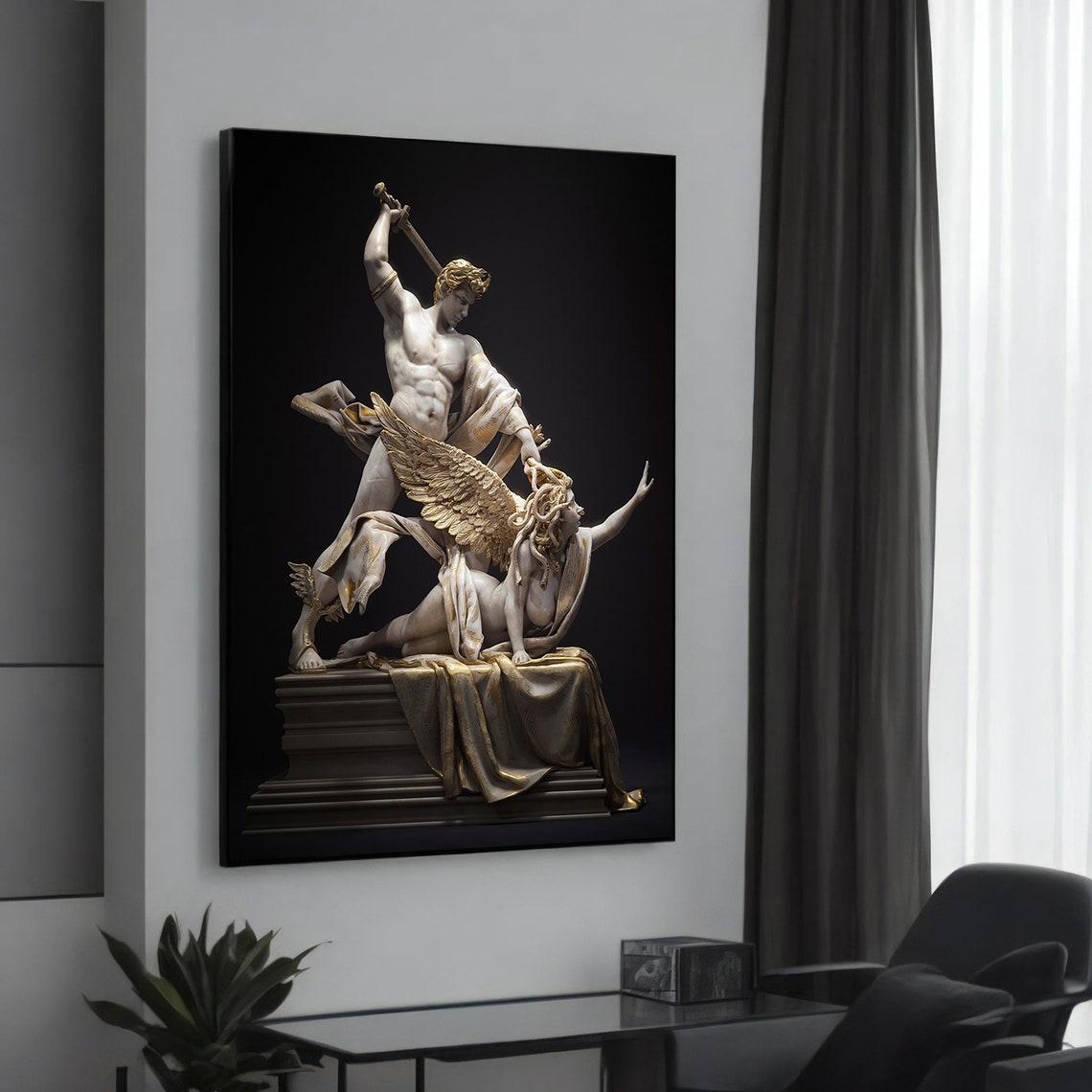 Classical Marble Angel Warrior Statue Sculpture Black Art Poster