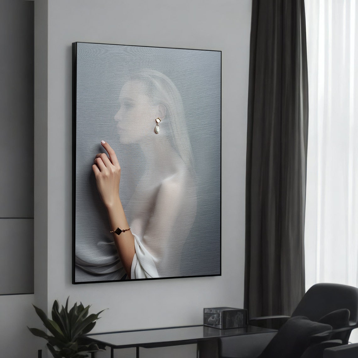Elegant Blonde Woman Translucent Veil Gold Earring Portrait Poster