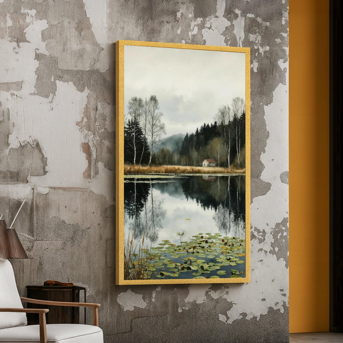 Misty Forest Lake Cabin Reflection Lily Pads Tranquil Wall Art