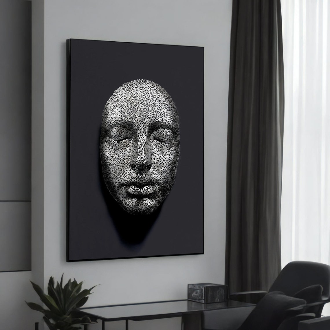 Intricate Wire Mesh Face Sculpture Black Background Art Poster