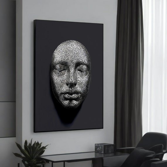 Intricate Black And White Face Sculpture Modern Canvas Painting Unique Abstract Art For Contemporary Wall Decor