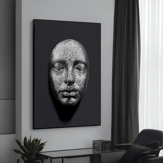 Intricate Wire Mesh Face Sculpture Black Background Art Poster