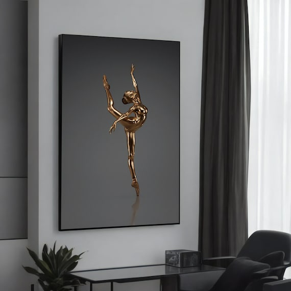 Elegant Golden Ballerina Canvas Art Modern Wall Decor Ready To Hang Framed Print Danceinspired Gift