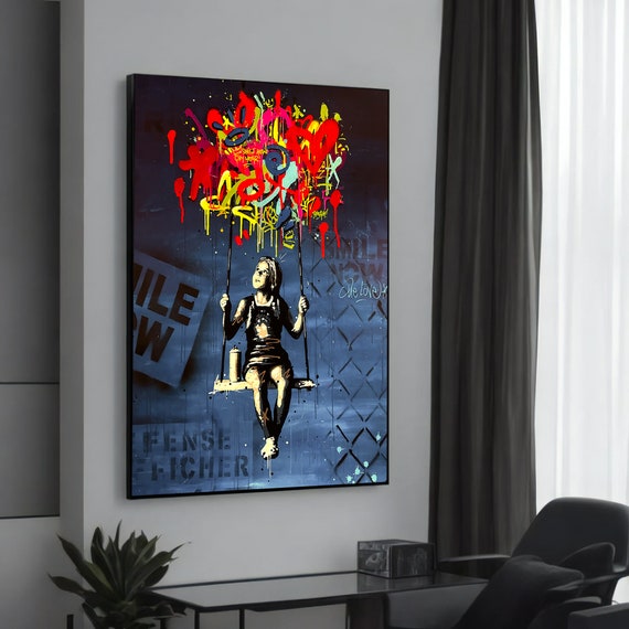 Whimsical Banksyinspired Graffiti Canvas Art Girl On Swing With Colorful Background Readytohang Wall Dco