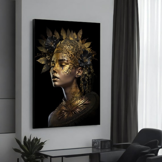 Golden Woman With Ornate Floral Headpiece Black Gold Glamour Poster