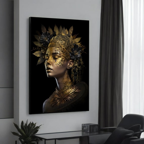 Golden Woman With Ornate Floral Headpiece Elegant Modern Canvas Painting Unique Abstract Wall Art For Luxurious Home Decor