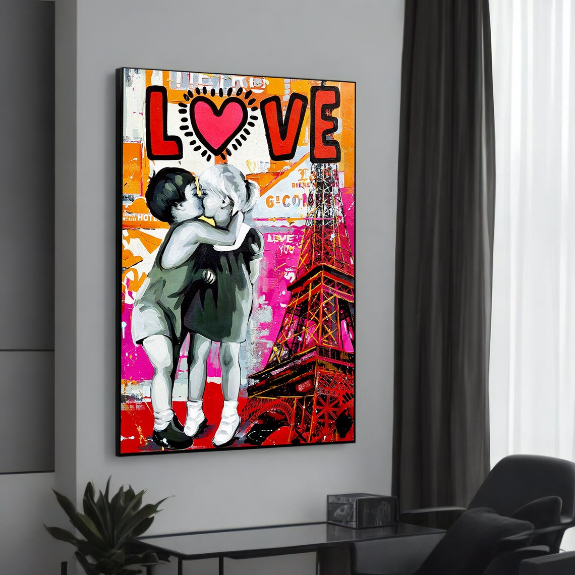 Parisian Love Kiss Poster, Banksy-Inspired Graffiti