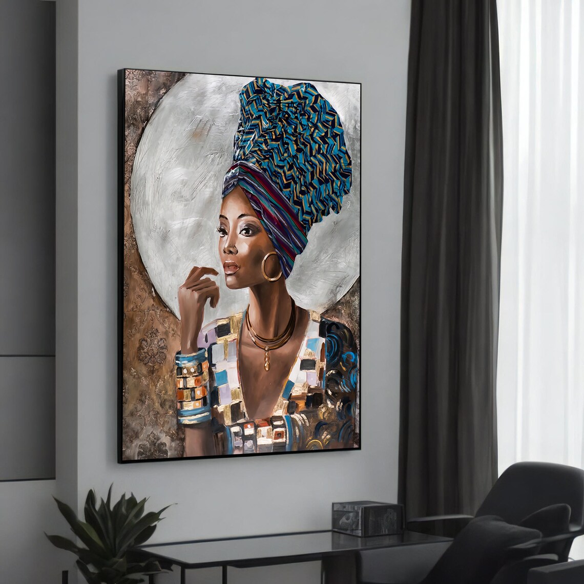African Woman Geometric Headwrap Gold Jewelry Regal Portrait Poster