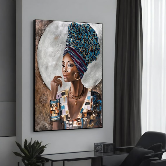 African Woman Geometric Headwrap Gold Jewelry Regal Portrait Poster