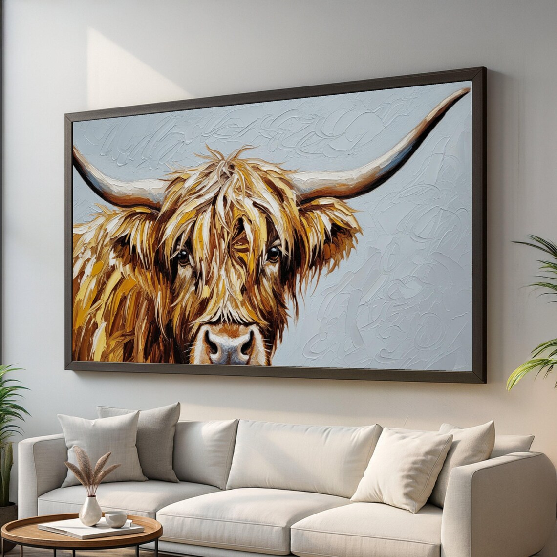 Shaggy Highland Cow Portrait Rustic Oil Painting Style Poster