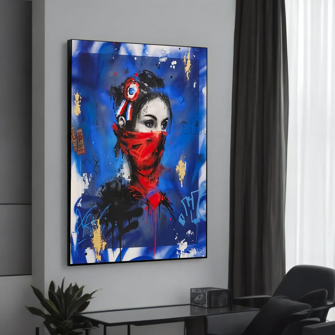 Revolutionary Woman Red Scarf Blue Graffiti Street Art Portrait Poster