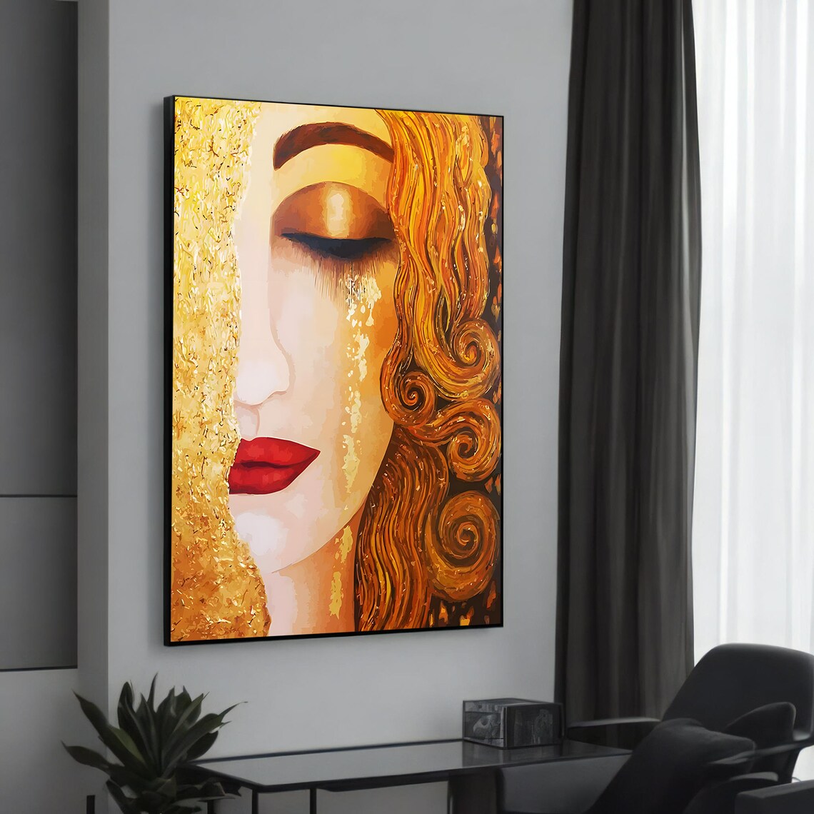 Golden Muse Modern Woman Face Gold Leaf Abstract Painting Poster