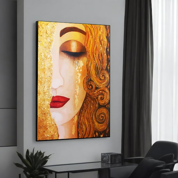 Golden Muse Modern Woman Face Gold Leaf Abstract Painting Poster