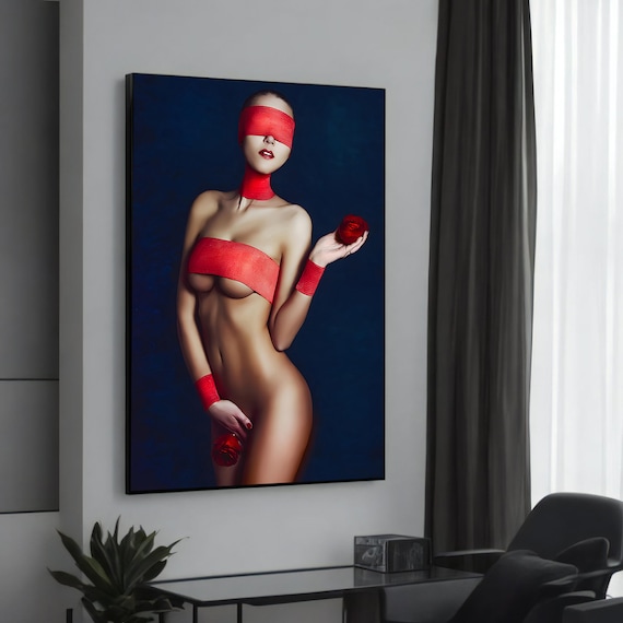 Red Sensual Blindfold Erotic Canvas Painting Bold And Seductive Nude Art For Modern Home Dcor Lovers