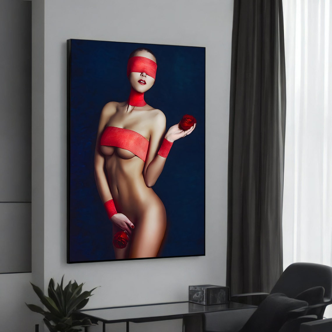 Seductive Red Blindfold Figure Bold Sensual Nude Art Canvas Poster