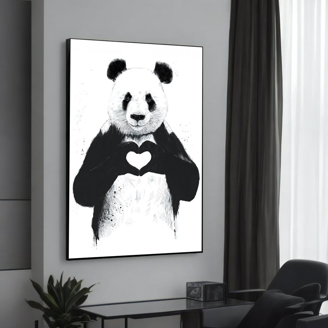 Cute Panda Holding Heart Black and White Ink Animal Art Poster
