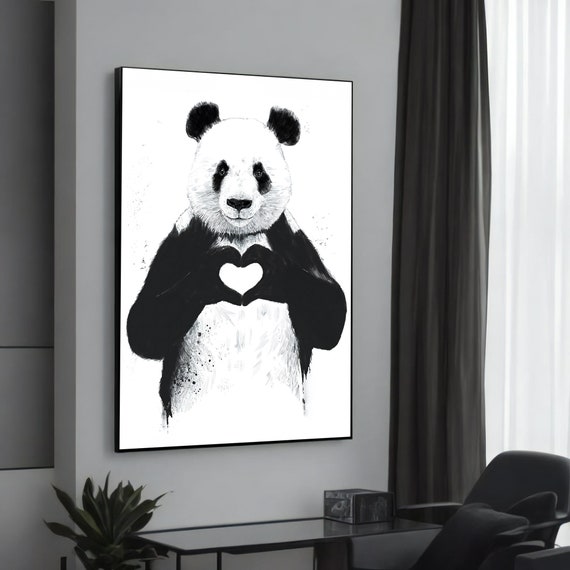 Cute Panda Canvas Painting Heartwarming Animal Art Black And White Decor Modern Wall For Lovers