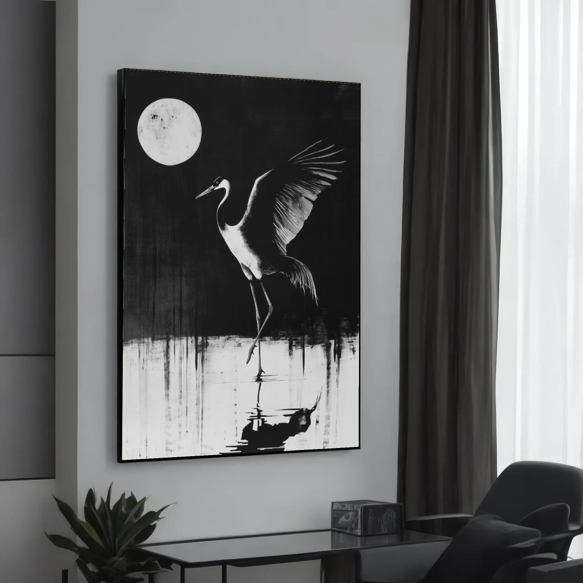 Black And White Crane Full Moon Night Water Silhouette Wall Art