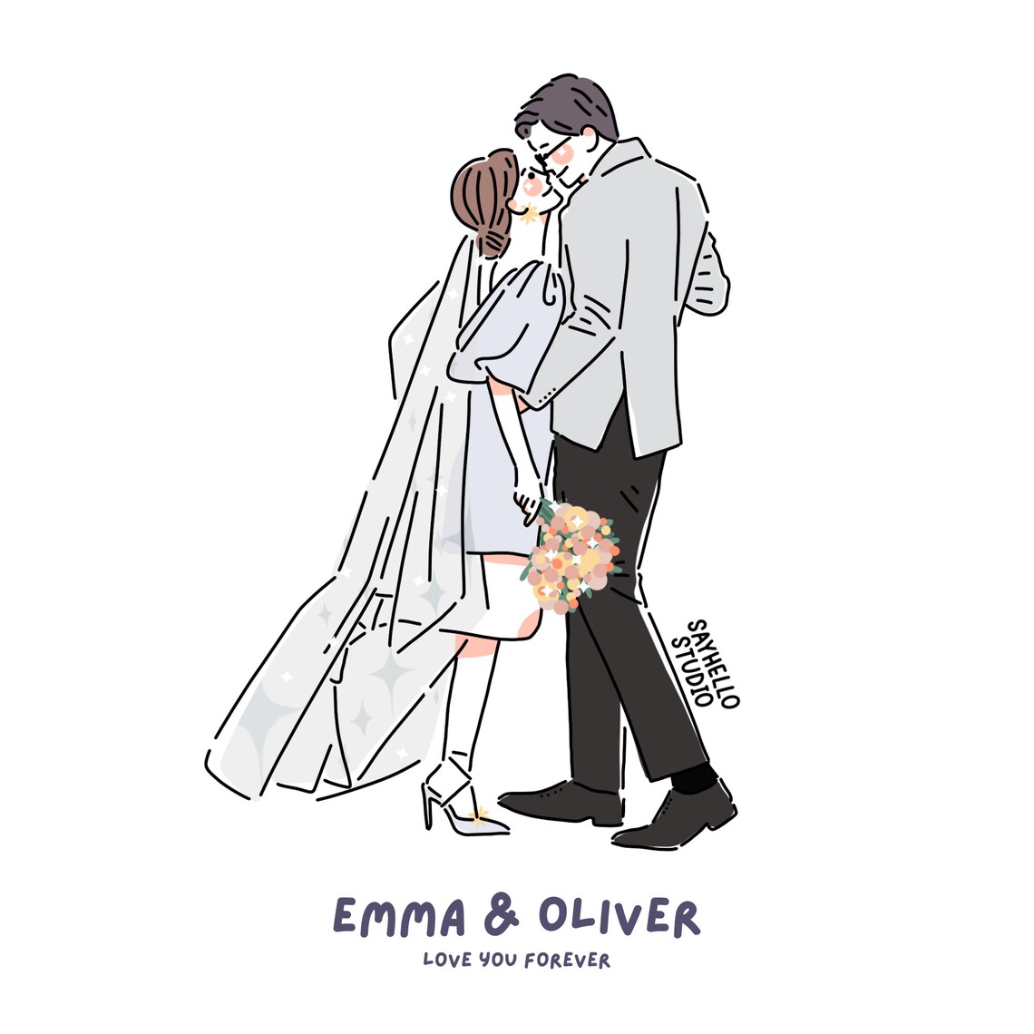 Wedding Couple in Suit and Gown Cartoon Portrait with Bouquet Poster - Image 4