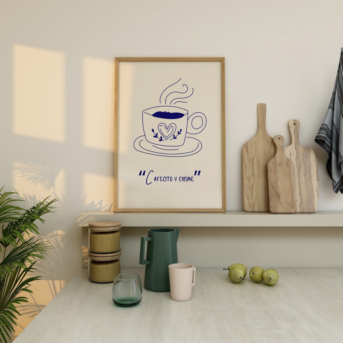 Cafecito Y Chisme Minimalist Blue Line Art Coffee Cup Poster - Image 2