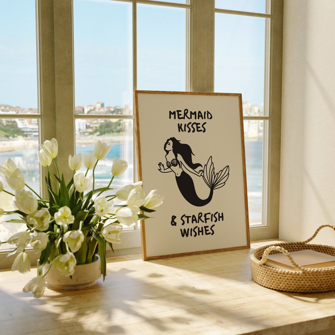 Mermaid Kisses and Starfish Wishes Coastal Beach Line Art Poster - Image 3