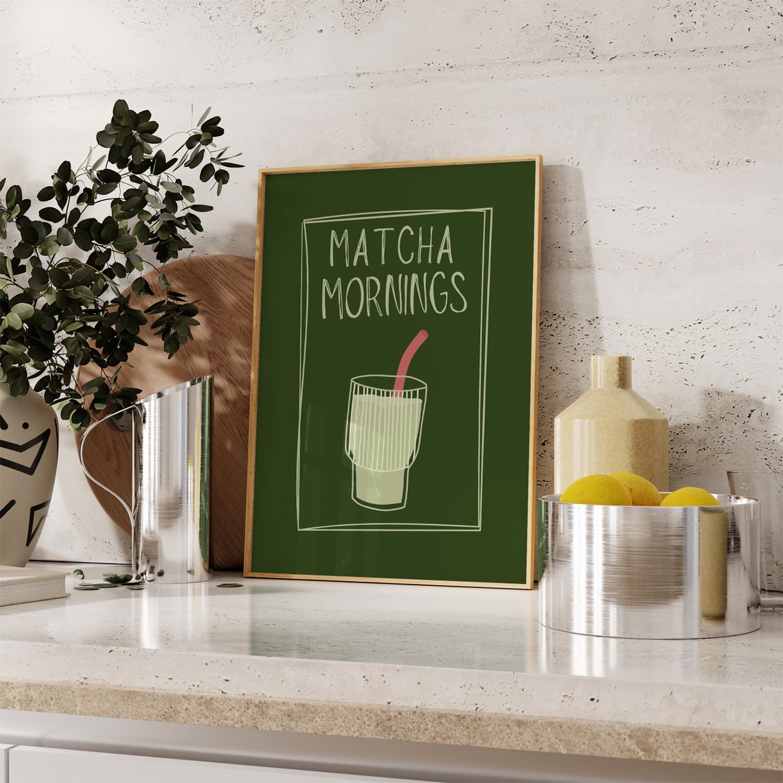 Matcha Mornings Green Matcha Glass Trendy Kitchen Bar Wall Poster - Image 2