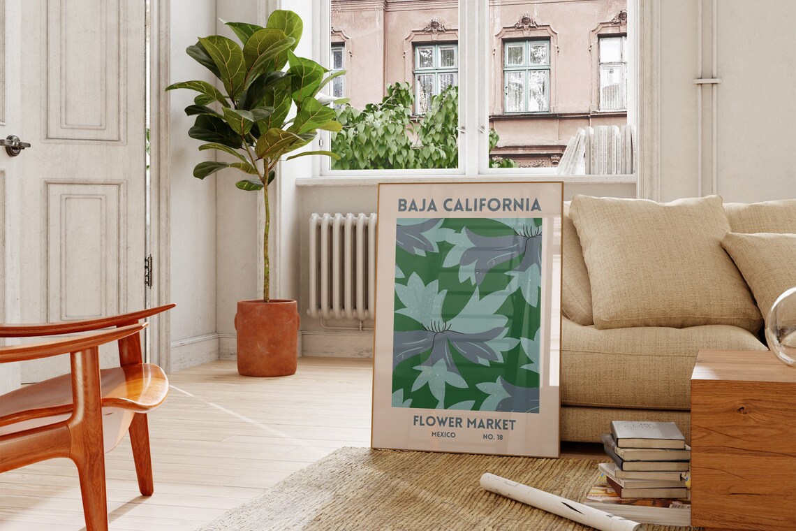 Baja California Mexico Flower Market Blue Botanical Wall Poster - Image 2