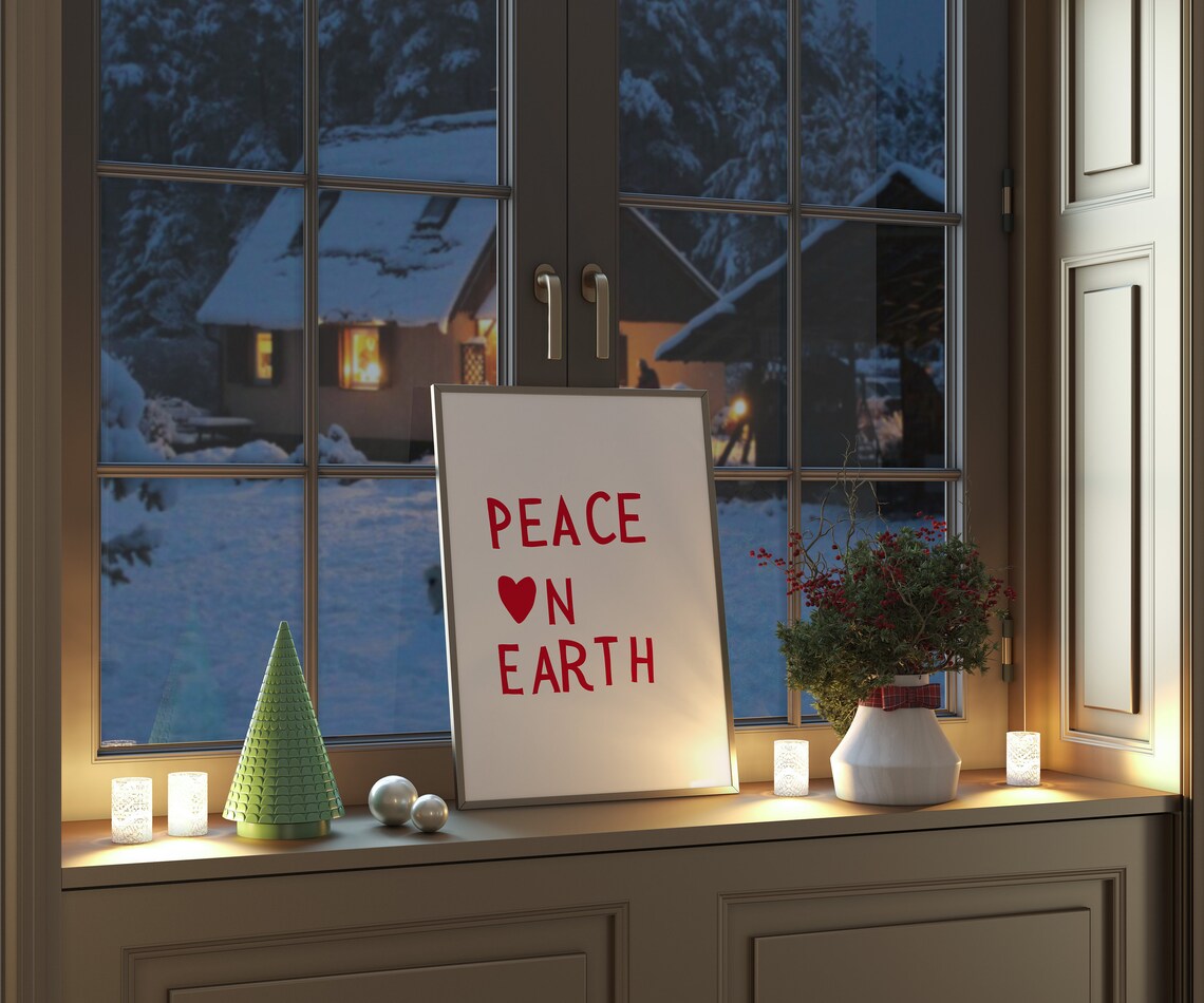 Peace On Earth Red Heart Hand Lettered Christmas Holiday Quote Poster - Image 3