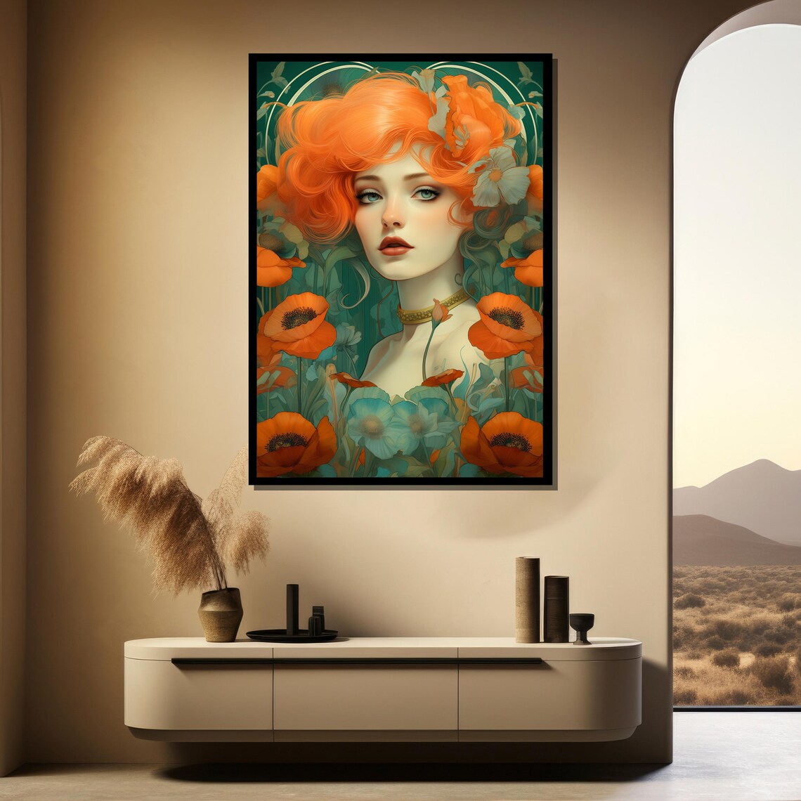 Redhead Woman With Orange Poppies Art Nouveau Floral Portrait Poster - Image 3