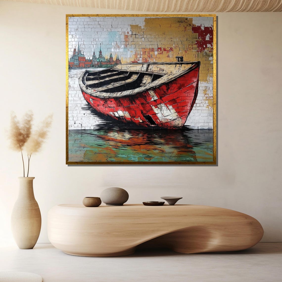 Old Vintage Red Wooden Boat Brick Wall Coastal Nautical Poster
