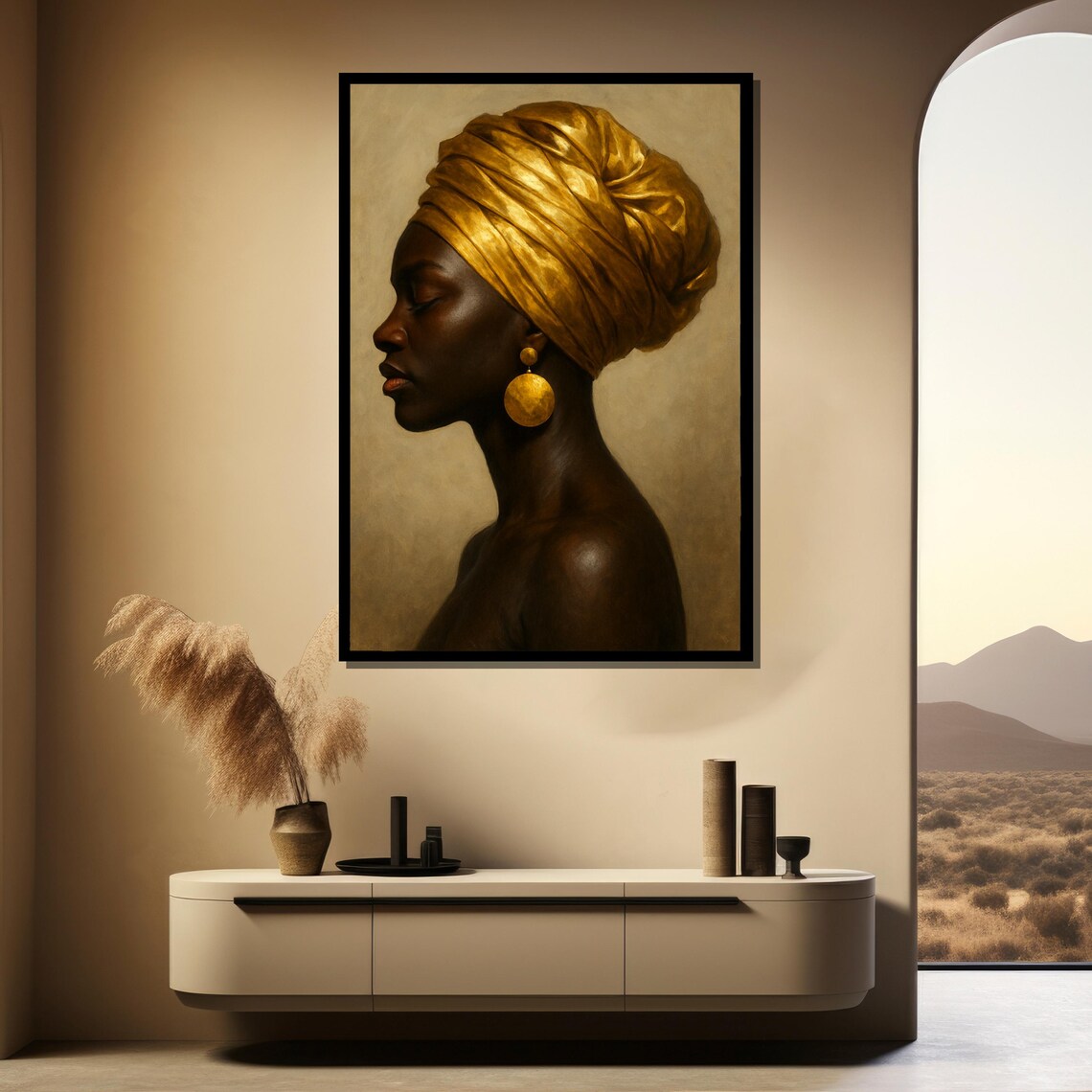 African Woman Profile Portrait with Golden Headwrap and Earrings Painting Poster - Image 3