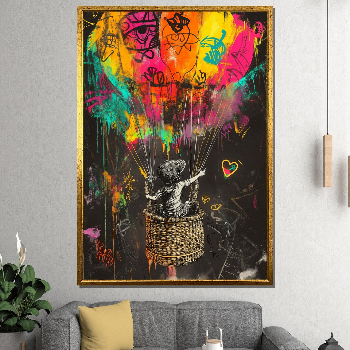 Child Hot Air Balloon Graffiti Street Art Dreamy Balloon Poster